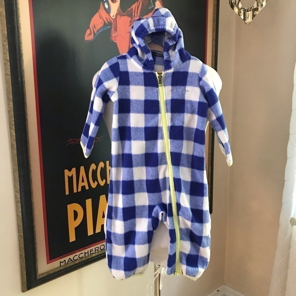 Columbia Blue and White Checkered Gingham Plaid Fleece Zip Up Winter Body Suit